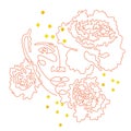 Abstract face with flowers - one line vector drawing. Minimalistic style portrait. Botanical print. Fashion print. Beaty