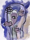 Abstract face painting in minimalist style. Fine Lines and shapes on canvas