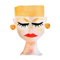 Abstract Face Sad Woman Blonde With Red Lips Watercolor Illustration