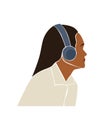 Abstract faceless woman in headphones. Girl listen to an audio recording with headphones. Modern vector illustration on