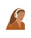 Abstract faceless woman in headphones. Girl listen to an audio recording with headphones. Modern vector illustration on