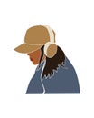 Abstract faceless woman in headphones. Girl listen to an audio recording with headphones. Modern vector illustration on