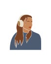 Abstract faceless woman in headphones. Girl listen to an audio recording with headphones. Modern vector illustration on