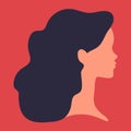 Abstract faceless woman profile on red background. Faceless woman with long hair. Vector illustration