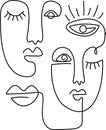 Abstract faces art. One line drawing