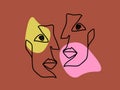 Abstract faces people drawn by one line communicate clipart. Men have pink sensual dialogue in orange space.