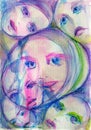 Abstract Faces Surreal Dream Watercolor Painting