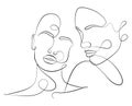 Abstract faces of women touch one line of a vector drawing.