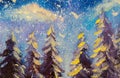 Abstract fairy winter forest original oil painting. Impressionism Big snowy fir trees against background of blue sky. Art.