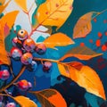 Abstract fall leaves and rowan berry background. Modern autumn nature oil painted art in blue yellow orange colors. Generative AI. Royalty Free Stock Photo