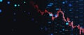 Abstract falling candlestick forex chart on blurry wide dark index grid background and mock up place. Finance and crisis concept.