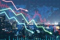 Abstract falling forex chart arrows on blurry night city background. Financial crisis, trade and recession concept. Double