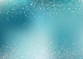 Abstract falling golden glitter lights texture on blue turquoise background with lighting. Magic gold dust and glare. Festive Royalty Free Stock Photo