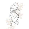 Abstract family continuous line art. Young mom hugging her baby on floral background