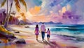 Family with two kids walking on tropical sand beach at summer vacation, Happy family on digital art concept Royalty Free Stock Photo