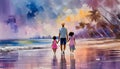 Family with two kids walking on tropical sand beach at summer vacation, Happy family on digital art concept Royalty Free Stock Photo