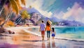Abstract family with two kids walking on tropical sand beach at summer vacation, Happy family on digital art concept Royalty Free Stock Photo