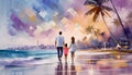 Family with two kids walking on tropical sand beach at summer vacation, Happy family on digital art concept Royalty Free Stock Photo