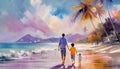 Abstract family with two kids walking on tropical sand beach at summer vacation, Happy family on digital art concept Royalty Free Stock Photo