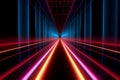 Abstract fantastic tunel with glowing multicolored neon lines.