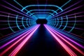 Abstract fantastic tunel with glowing multicolored neon lines.