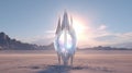 Abstract fantasy alien glass spaceship on barren desert planet landscape. Crystal prism monolith sculpture sparkling in the sun.