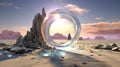 Abstract fantasy alien glass spaceship on barren desert planet landscape. Crystal prism monolith sculpture sparkling in the sun.