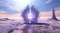 Abstract fantasy alien glass spaceship on barren desert planet landscape. Crystal prism monolith sculpture sparkling in the sun.