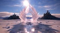 Abstract fantasy alien glass spaceship on barren desert planet landscape. Crystal prism monolith sculpture sparkling in the sun.