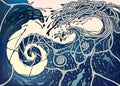 Abstract Fantasy pattern as blue sea wave splashes over white background in vector. Futuristic water wave illustration as spots Royalty Free Stock Photo