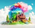 an abstract fantasy rnbow covering landscape with an island. Royalty Free Stock Photo