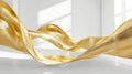 Abstract fashion background with golden folded ribbon inside white room. Gold metallic foil stripe.