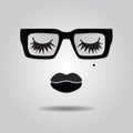 Abstract fashionable lady face with lips, closed eyes, thick eyelashes, and trendy square sunglasses icons on gray gradient