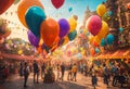 Abstract feast with colorful helium balloons on town street