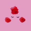 Abstract female face with false eyelashes and red roses hair.