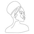 Abstract female portrait in one line style. Silhouetted figure, black outline. A look down, a beautiful face. For printing on