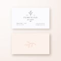 Abstract Feminine Leaf Branch Vector Sign or Logo and Business Card Template. Premium Stationary Realistic Mock Up