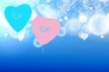 Abstract festive blur light blue white pastel background with a pink and a turquoise large heart love bokeh for wedding card or Royalty Free Stock Photo