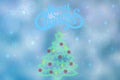 Abstract festive elegant blue glittering greeting card with xmas stars, balls and a christmas tree and with a Merry Christmas text Royalty Free Stock Photo