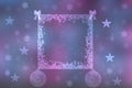 Abstract festive elegant blue pink greeting card template with christmas stars, balls and a empty frame. Space for your design Royalty Free Stock Photo