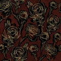 Festive floral vector seamless pattern. Golden contours rose flowers on spotted brown and black background.