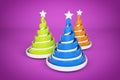Abstract festive spiral christmas tree made of ribbons with star. 3d render illustration on violet background.