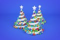 Abstract festive spiral christmas tree made of white ribbon with rainbow xmas balls. 3d render illustration on blue background. Royalty Free Stock Photo