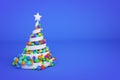 Abstract festive spiral christmas tree made of white ribbon with rainbow xmas balls. 3d render illustration on blue background. Royalty Free Stock Photo