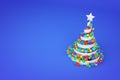 Abstract festive spiral christmas tree made of white ribbon with rainbow xmas balls. 3d render illustration on blue background. Royalty Free Stock Photo