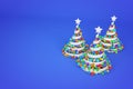 Abstract festive spiral christmas tree made of white ribbon with rainbow xmas balls. 3d render illustration on blue background. Royalty Free Stock Photo