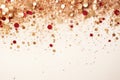 Abstract festive white background with golden and red sparkle confetti circles. Royalty Free Stock Photo