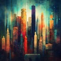 Colorful cityscape in painted abstract style.