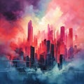 Colorful cityscape in painted abstract style.