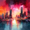 Colorful cityscape in painted abstract style.